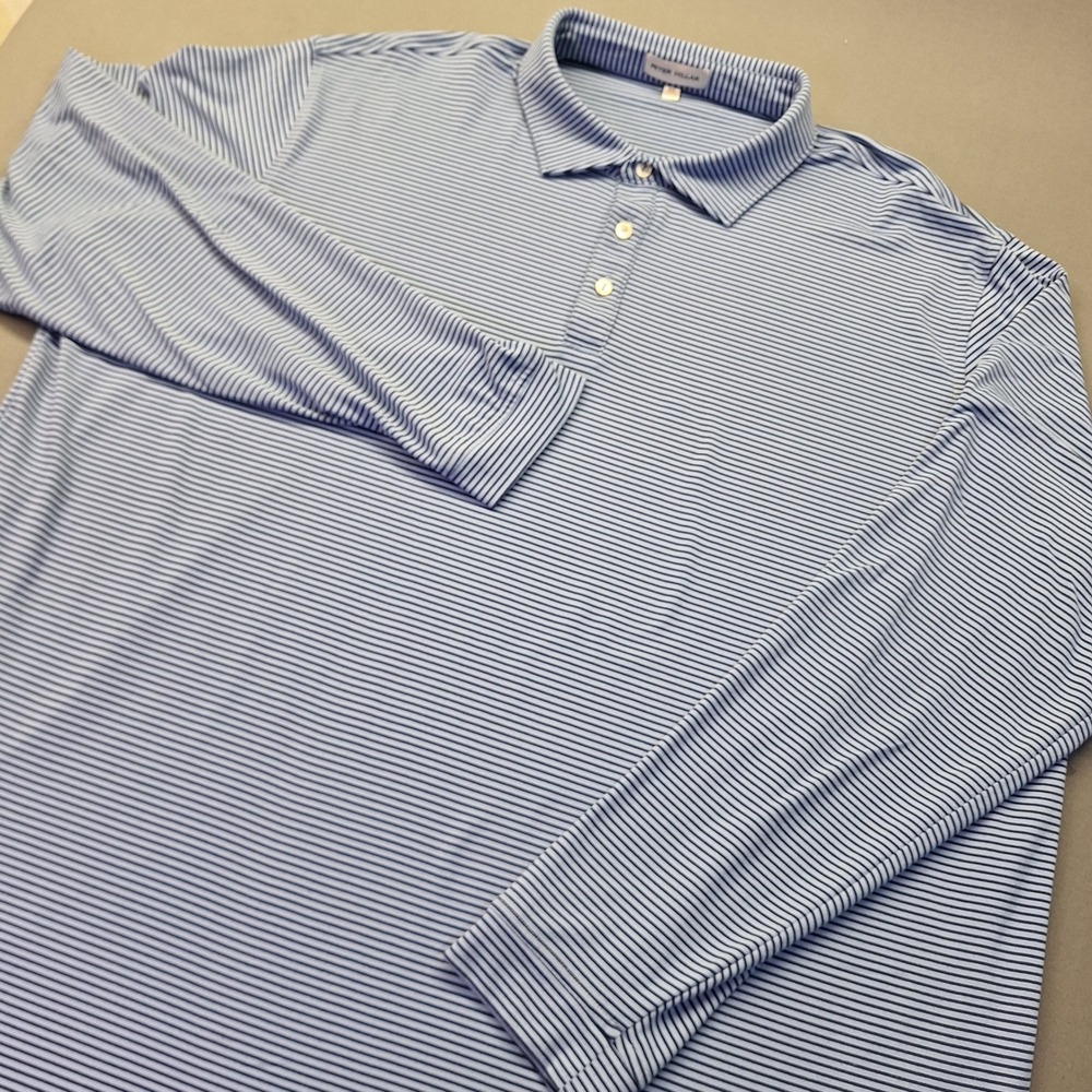 Peter Millar Mens 3XL Blue Striped Long Sleeve Performance Polo Shirt Stretch